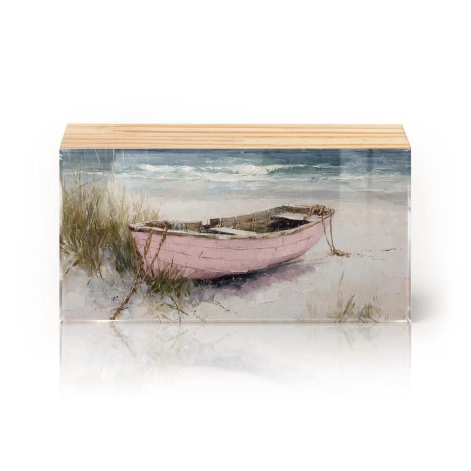 Totem Decorativo 'Barco Rosa na Maré Branca'